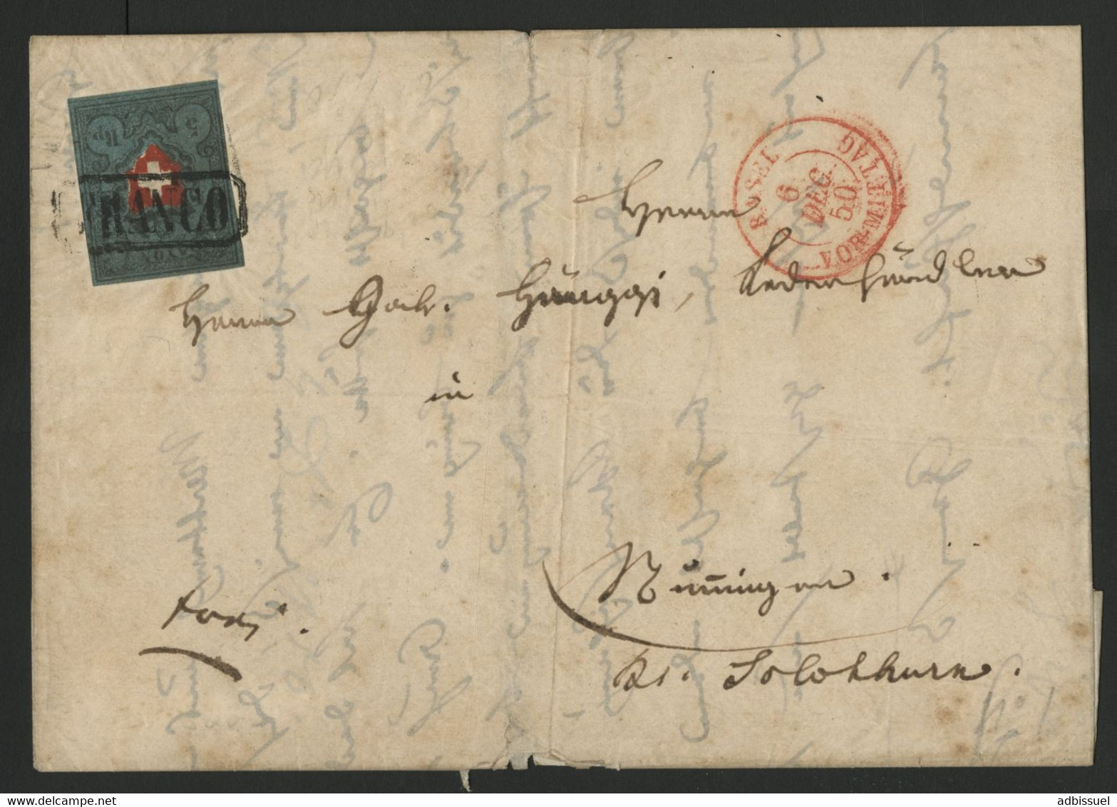 1850 N° 14 (belles Marges) Obl. "FRANCO" En Noir Sur Lettre + C. à D. Rouge "Basel Vor Rittag 6/12/50 (Voir Description) - 1843-1852 Federal & Cantonal Stamps