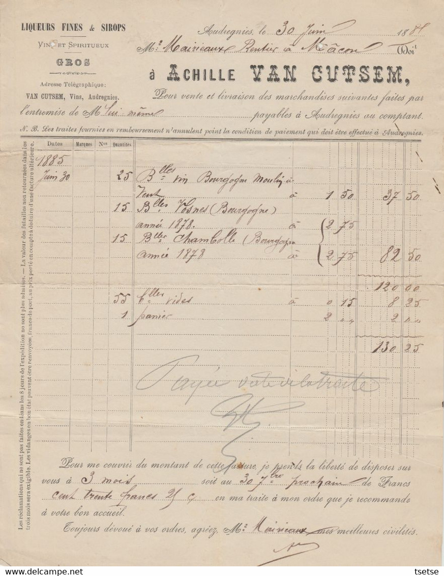 Facture - Achille Van Cutsem - Vins Et Spiritueux , Liqueurs Fines - Audregnies - 1885 ( 23 ) - Ambachten