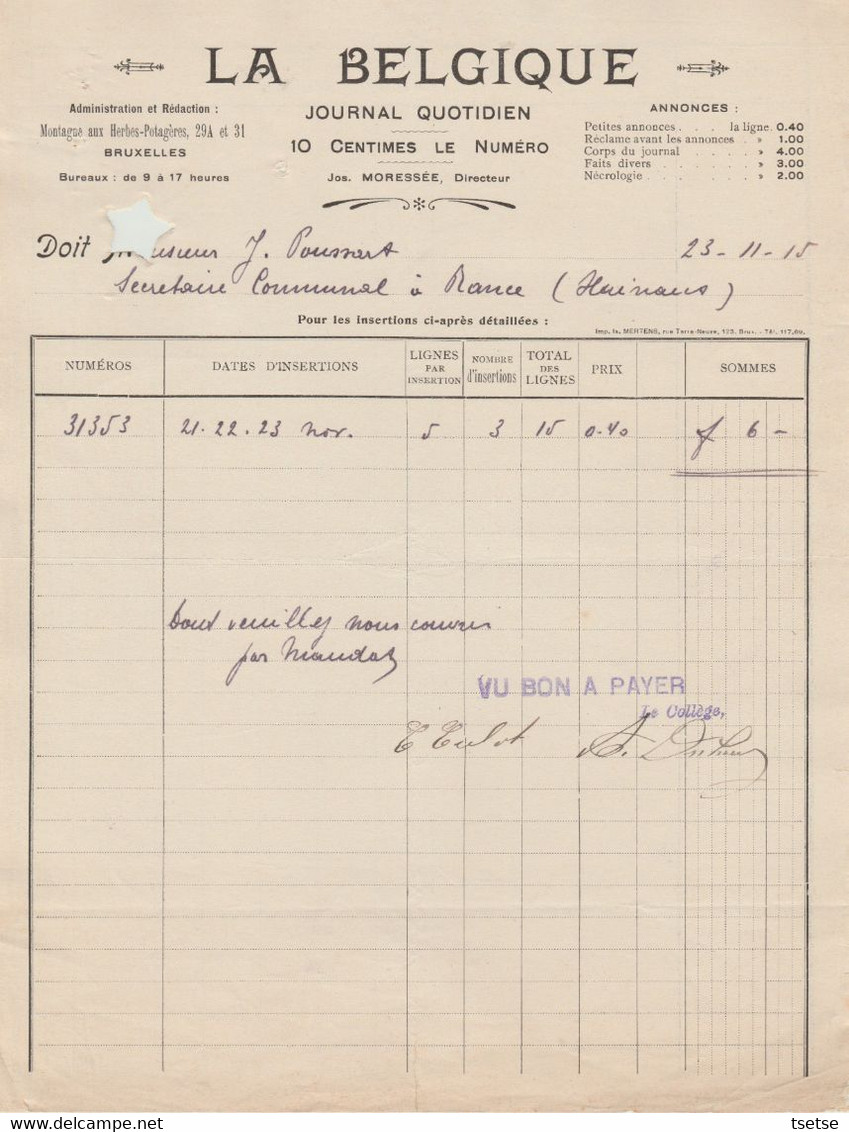 Facture - La Belgique... Journal Quotidien - Bruxelles - 1915 ( 26 ) - Artigianato