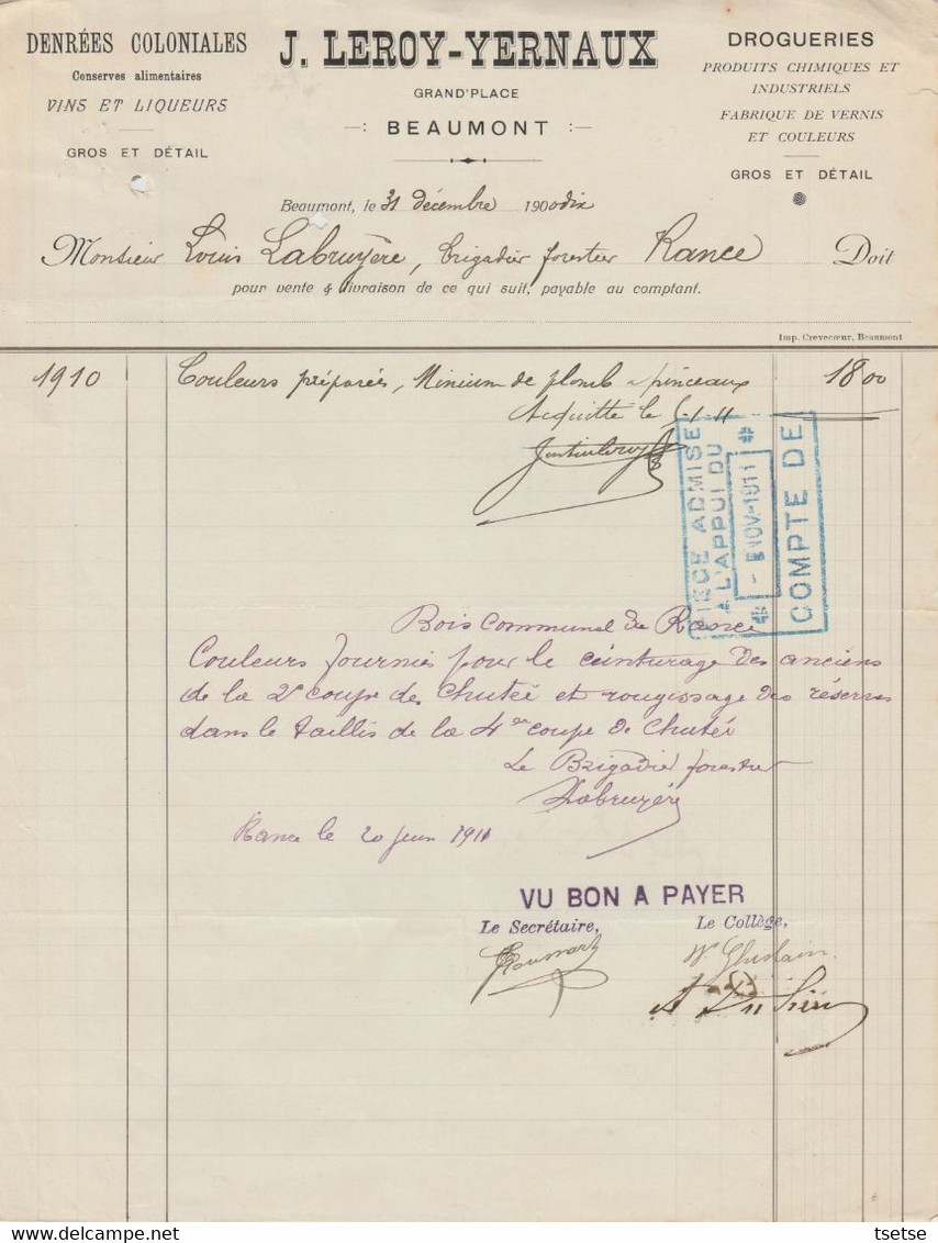 Facture - J. Leroy-Yernaux - Denrées Coloniales, Conserves Alimentaires - Beaumont - 1910 ( 30 ) - Straßenhandel Und Kleingewerbe