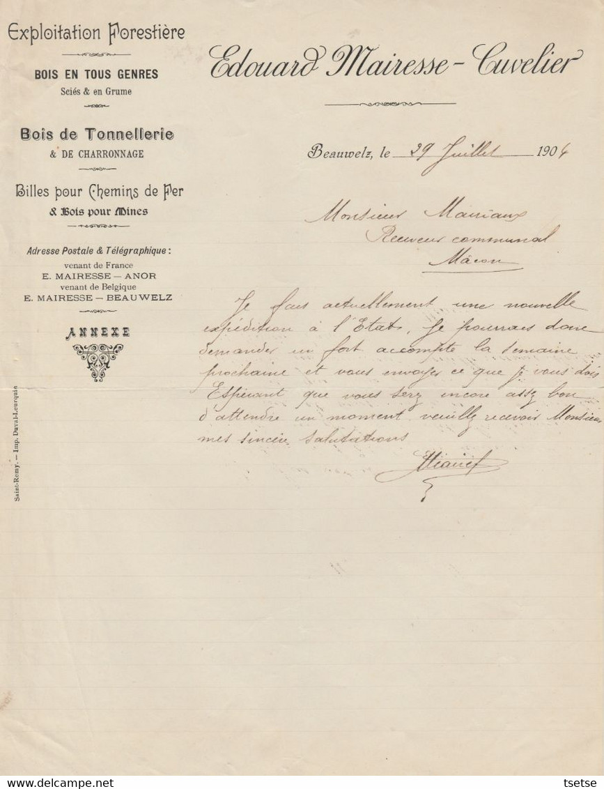 Facture - Edouard Mairesse-Cuvelier - Exploitation Forestière - Beauwelz / Momignies- 1904 ( 34 ) - Old Professions