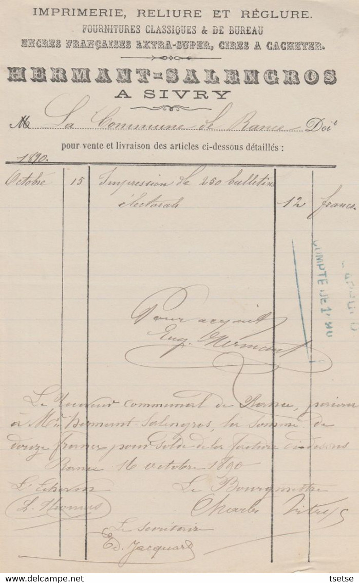 Facture - Hermant-Salengros - Imprimerie-Reliure Et Réglure - Sivry - 1890 ( 40 ) - Straßenhandel Und Kleingewerbe