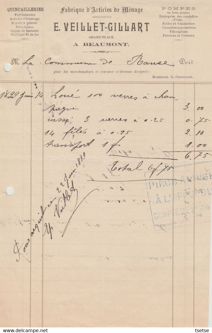 Facture - E. Veillet-Gillart - Fabrique D'Articles De Ménage, Quincailleries - Beaumont - 1899 ( 41 ) - Straßenhandel Und Kleingewerbe