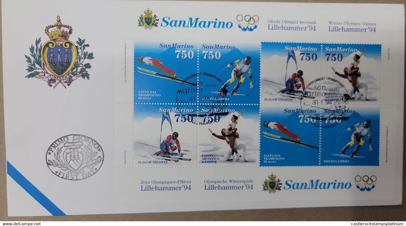 A) 1994, SAN MARINO, SPORTS, FDC, WINTER OLYMPIC GAMES. LILLEHAMMER. NORWAY, JUMPING, FREE DESCENT, GIANT SLALOM, ICE SK - Cartas & Documentos