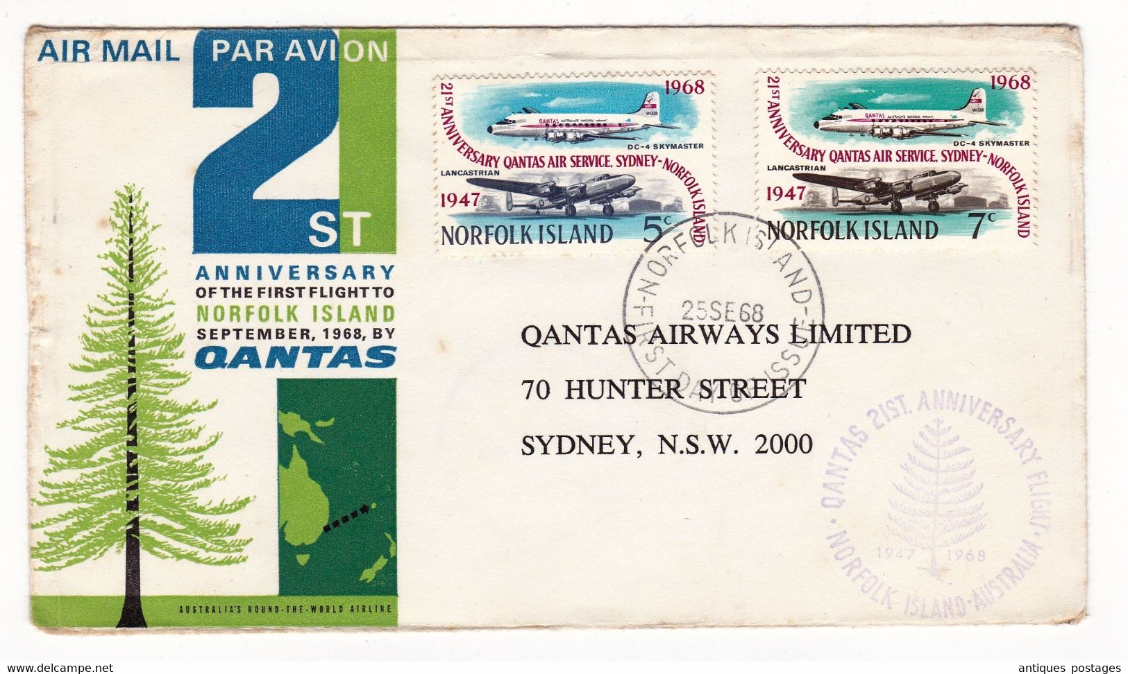 Autralie Australia First Flight To Norfolk Island Qantas Airway Sydney Lancastrian DC-4 Skymaster Avion Aviation - Lettres & Documents