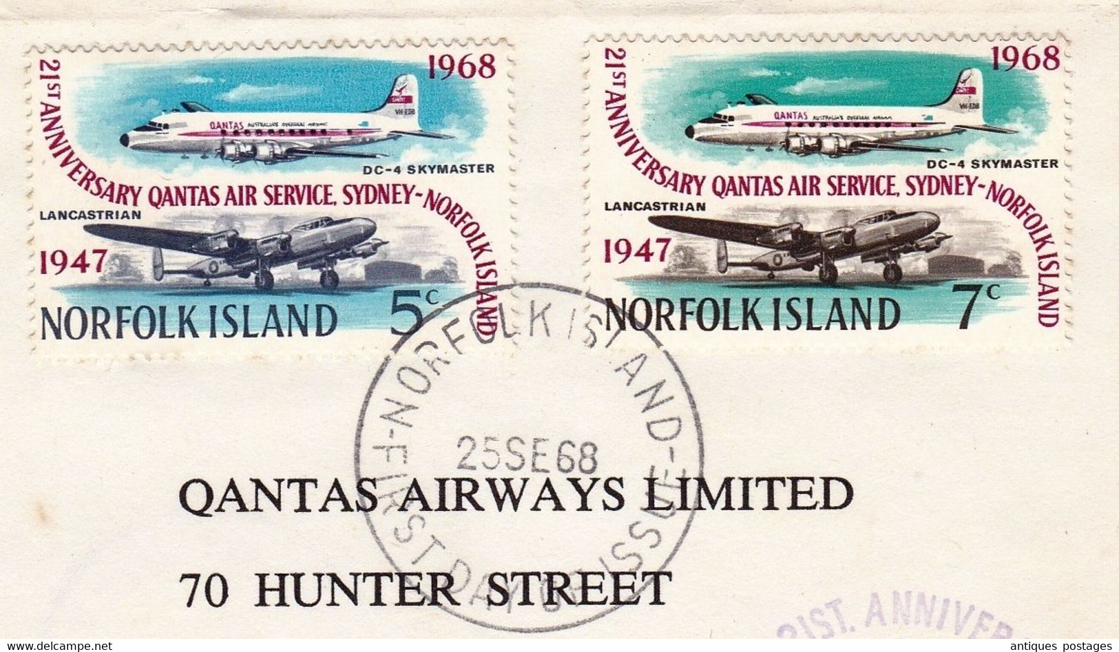 Autralie Australia First Flight To Norfolk Island Qantas Airway Sydney Lancastrian DC-4 Skymaster Avion Aviation - Covers & Documents