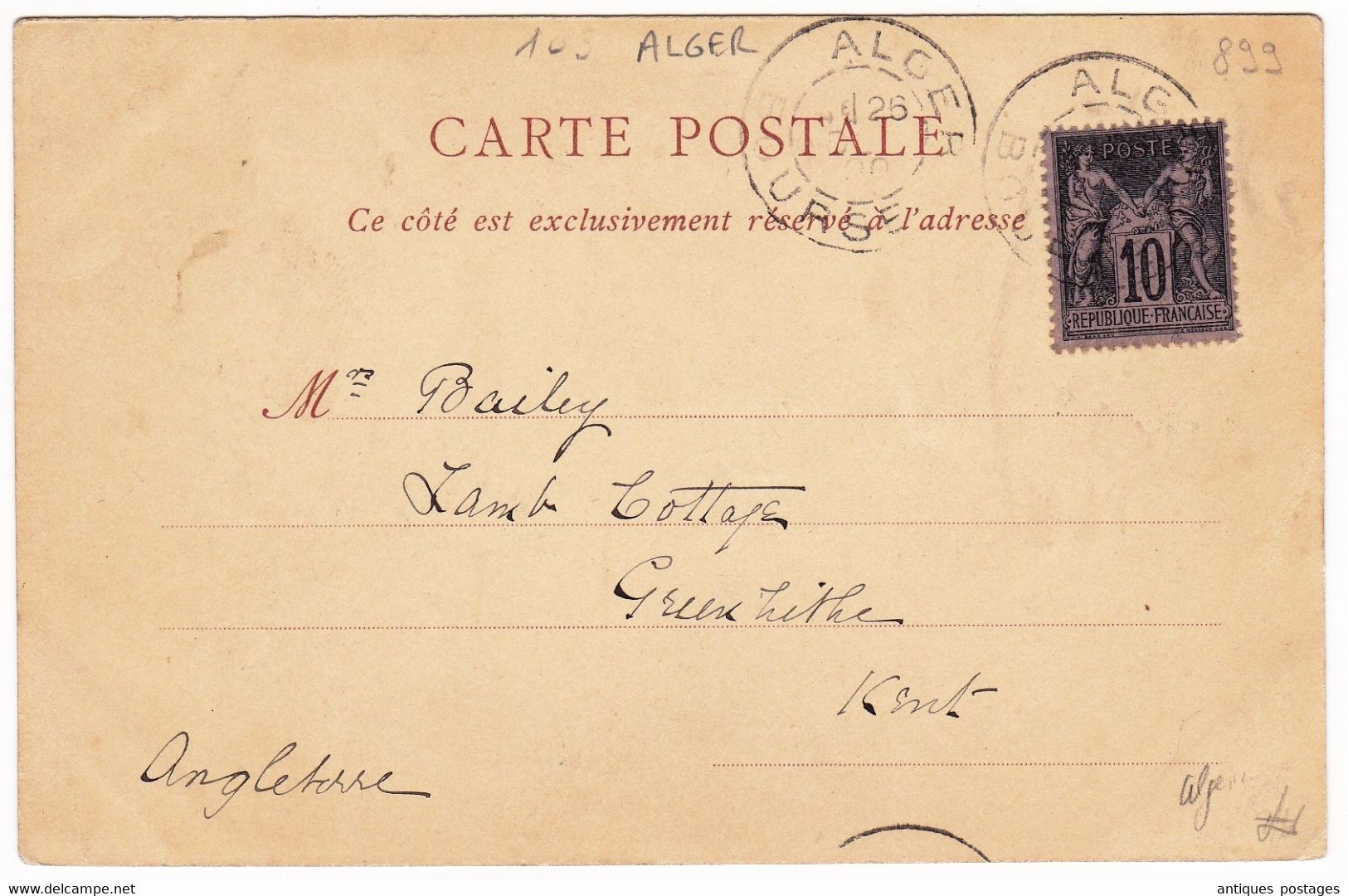 Carte Postale Alger Algérie Palais D'Été Du Gouverneur Greenhithe England Type Sage 10 Centimes - Brieven En Documenten