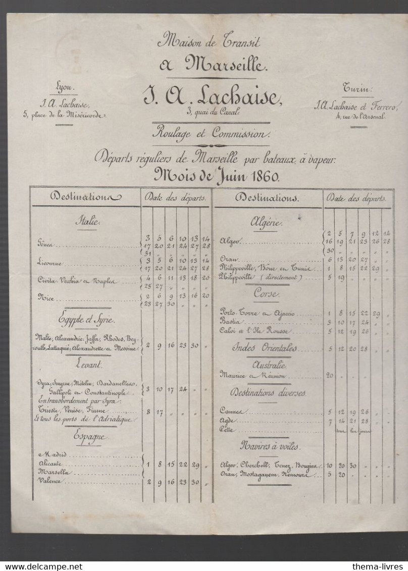 Marseille (13 Bouches Du Rhône) Horaire Des Départs De Bateaux  J A LACHAISE Juin 1860    (PPP30192) - Europa