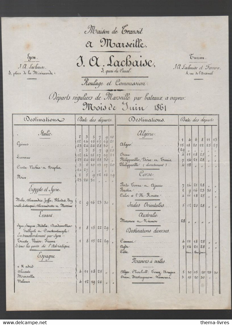 Marseille (13 Bouches Du Rhône) Horaire Des Départs De Bateaux  J A LACHAISE Juin 1861 (PPP30195) - Europe