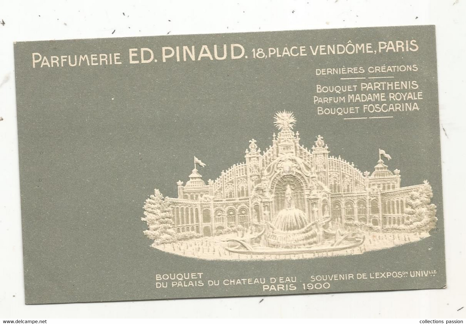 Cp , Publicité ,parfumerie Ed. PINAUD , Paris, Bouquet Du Palais Du Chateau D'eau ,exposition Universelle ,Paris 1900 - Werbepostkarten