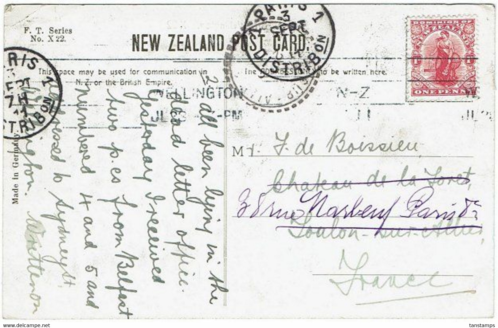 NEW ZEALAND - FRANCE WELLINGTON WHARF POSTCARD 1911 SC SMITH PHOTO - Lettres & Documents