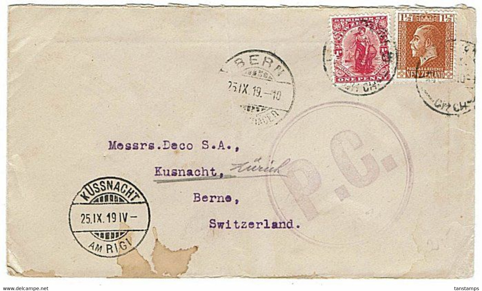 NEW ZEALAND - SWITZERLAND KGV PC CENSOR COVER - Covers & Documents