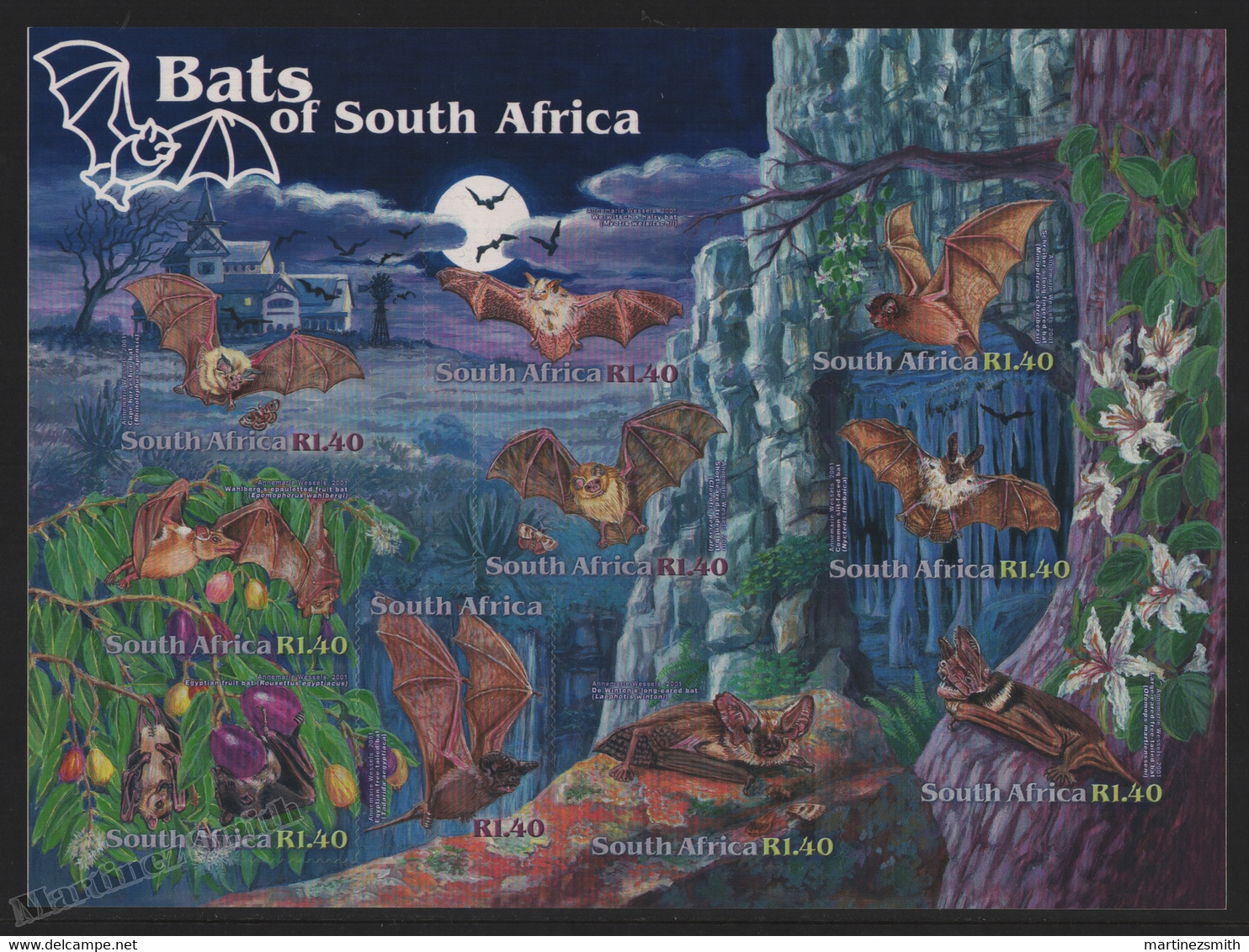 Afrique Du Sud - South Africa 2001 Yvert 1149-58, Fauna, Bats Of South Africa - Sheetlet - MNH - Used Stamps