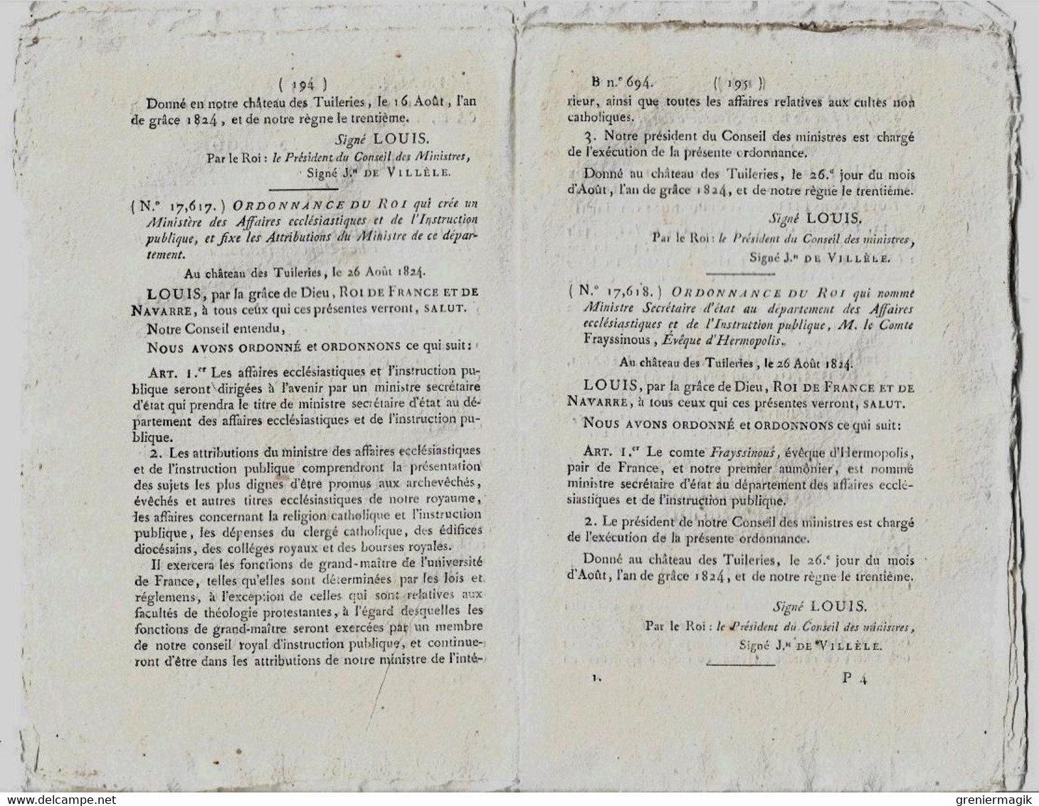 Bulletin Des Lois N°694 1824 Membres Du Conseil D'amirauté (Missiessy...)/Comte D'Augier Toulon/Frayssinous Hermopolis - Décrets & Lois