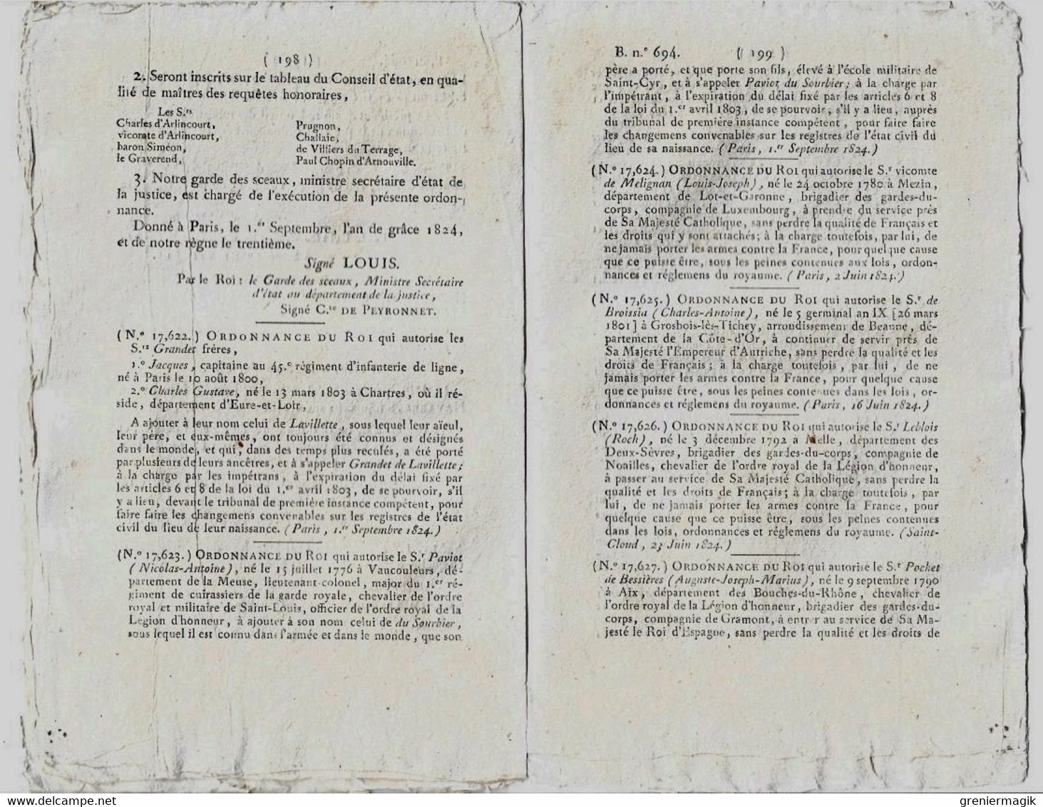 Bulletin des Lois N°694 1824 Membres du Conseil d'amirauté (Missiessy...)/Comte d'Augier Toulon/Frayssinous Hermopolis