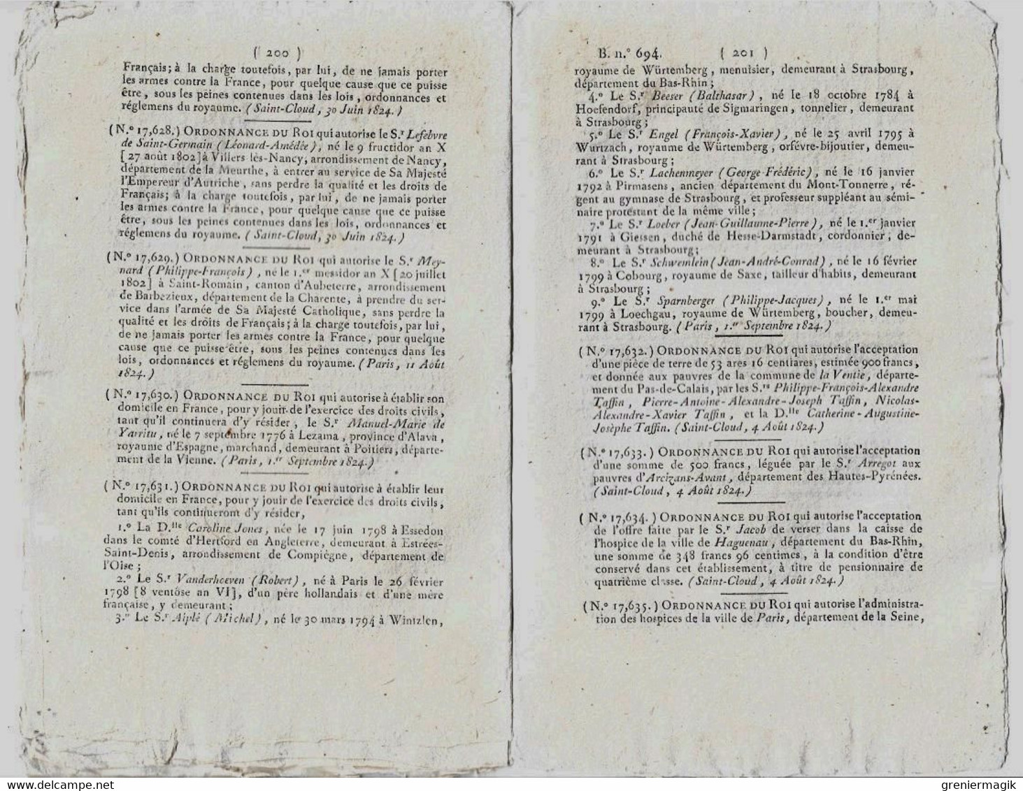 Bulletin des Lois N°694 1824 Membres du Conseil d'amirauté (Missiessy...)/Comte d'Augier Toulon/Frayssinous Hermopolis