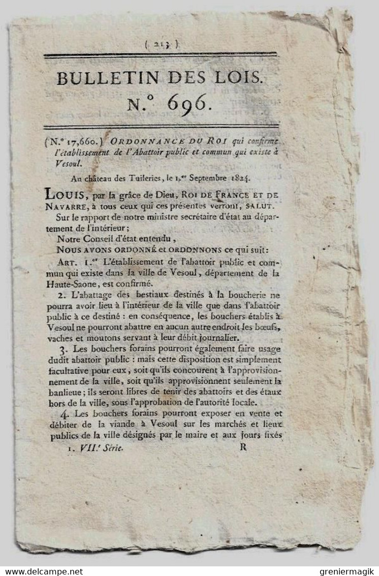 Bulletin Des Lois N°696 1824 Mode D'enseignement Au Collège Royal De La Marine/Abattoir Vesoul/Routes Seine-et-Marne... - Décrets & Lois