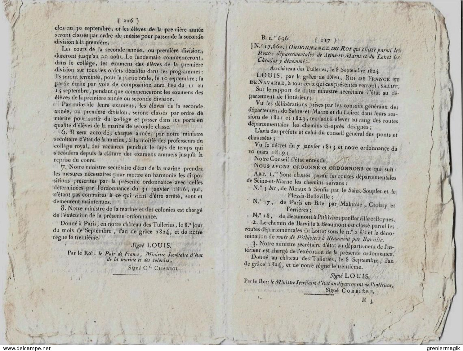 Bulletin Des Lois N°696 1824 Mode D'enseignement Au Collège Royal De La Marine/Abattoir Vesoul/Routes Seine-et-Marne... - Décrets & Lois