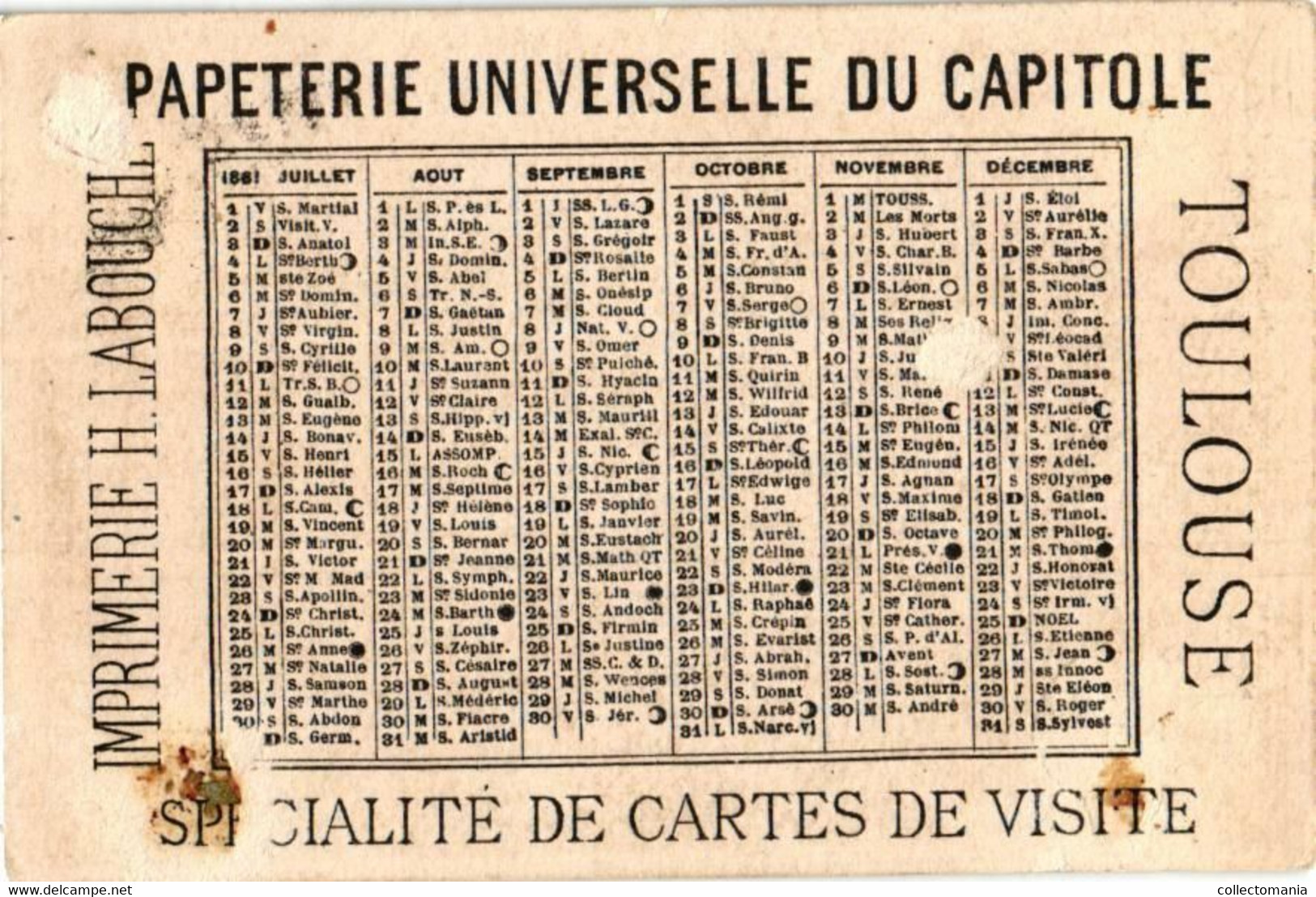2 Calender Cards C1881 PUB Papeterie Imprimerie Toulouse Litho Vallet& Minot - Tamaño Pequeño : ...-1900