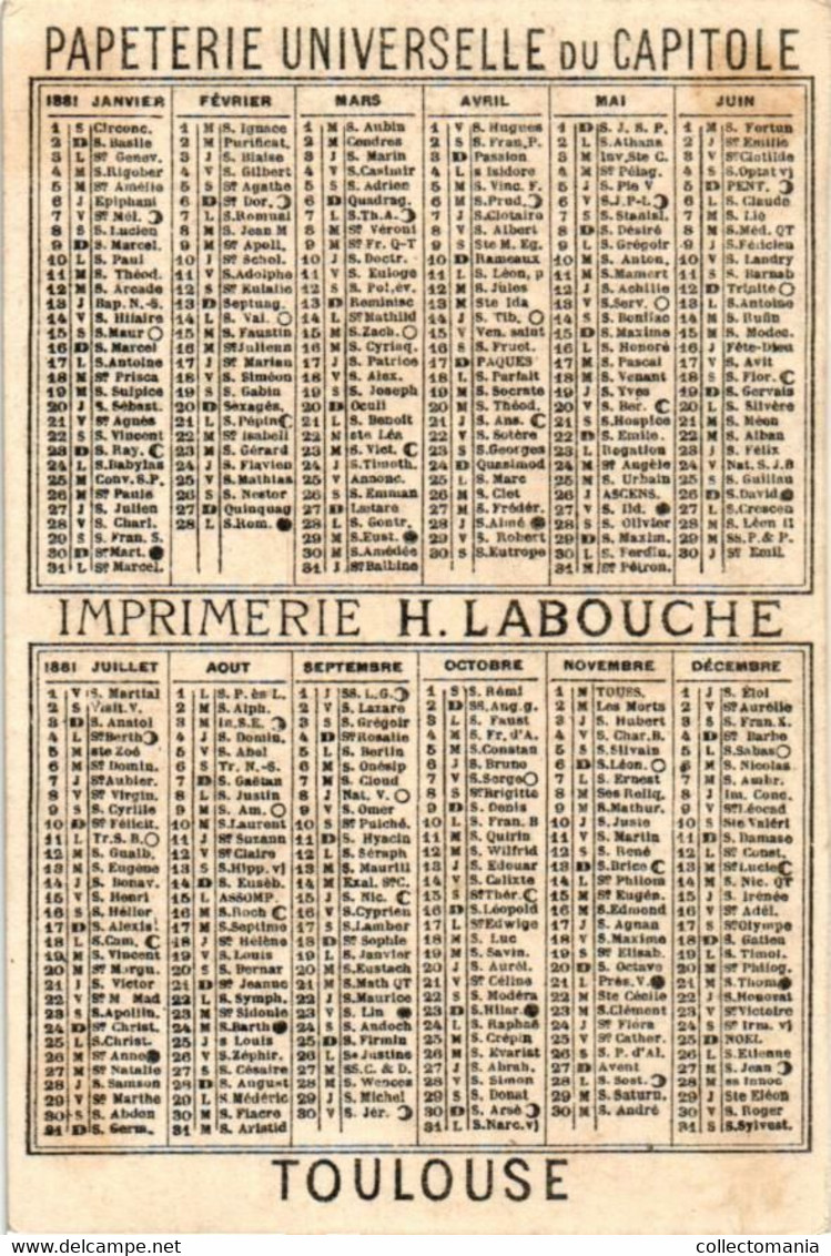 2 Calender Cards C1881 PUB Papeterie Imprimerie Toulouse Litho Vallet& Minot - Small : ...-1900