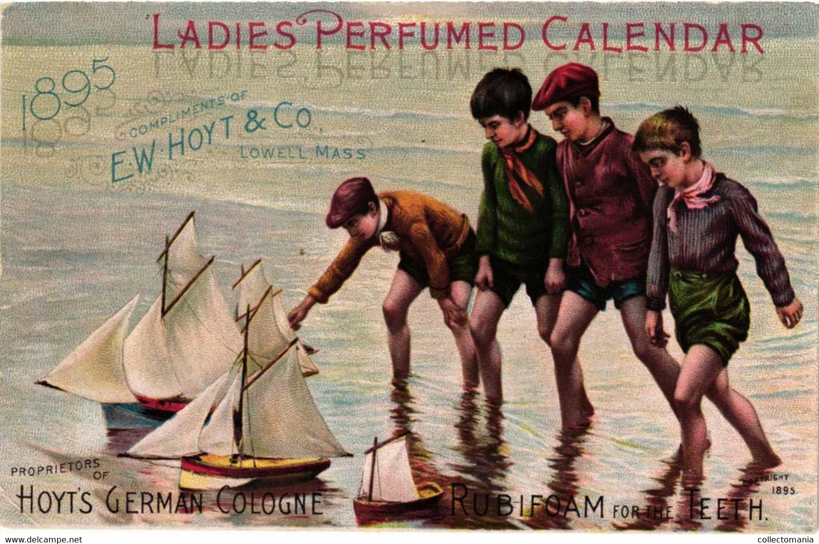 Calendrier Kalender  C1895 Perfume PUB Hoyt's German Cologne Mass Litho Chlildren Playing chromo Litho Sail Ship - Small : ...-1900