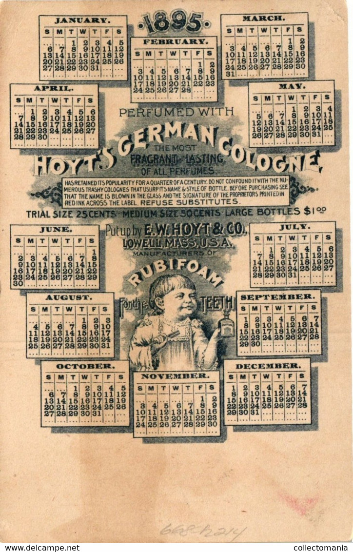 Calendrier Kalender  C1895 Perfume PUB Hoyt's German Cologne Mass Litho Chlildren Playing chromo Litho Sail Ship - Tamaño Pequeño : ...-1900