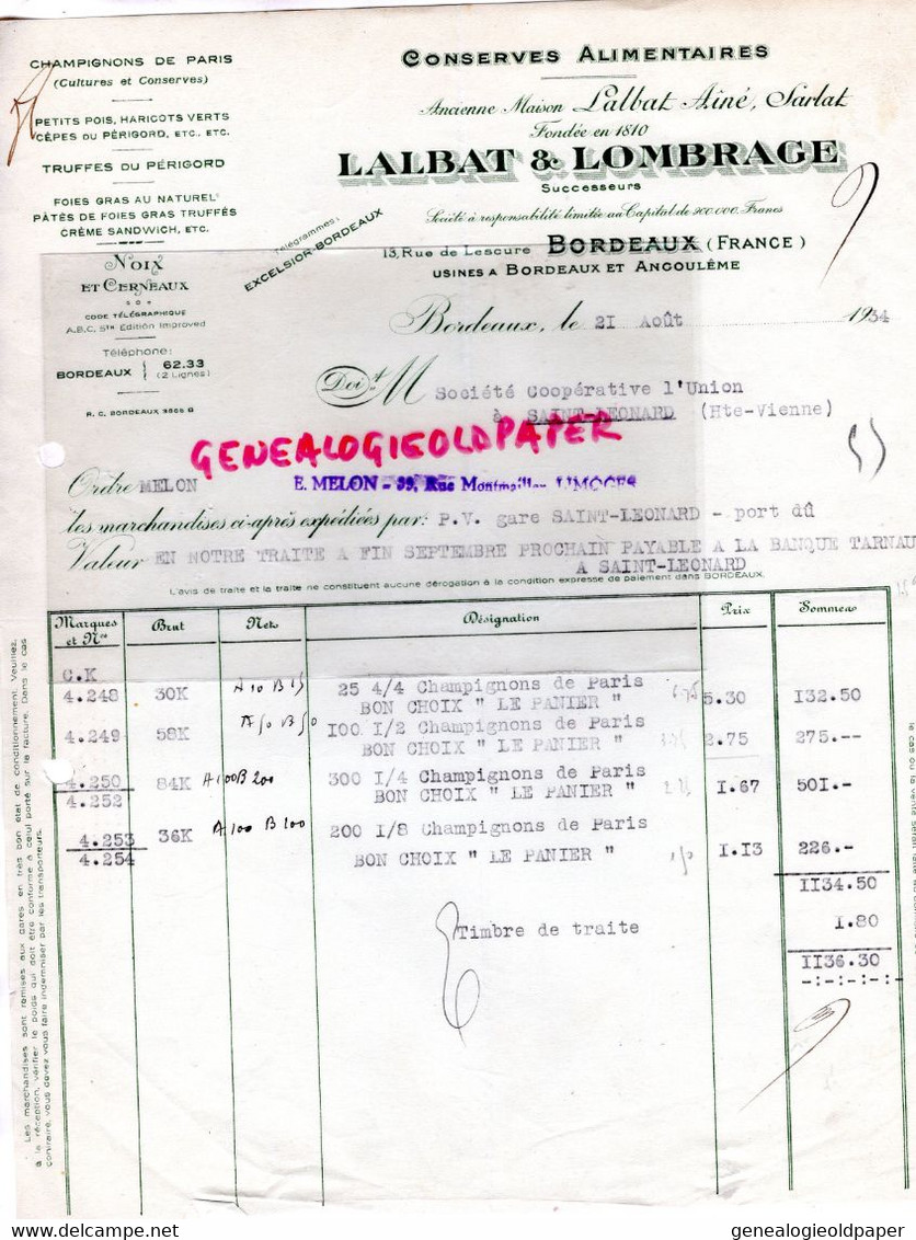 33- BORDEAUX- FACTURE LALBAT & LOMBRAGE- SARLAT- CONSERVES ALIMENTAIRES-CHAMPIGNONS PARIS- NOIX-13 RUE LESCURE-1934 - Old Professions