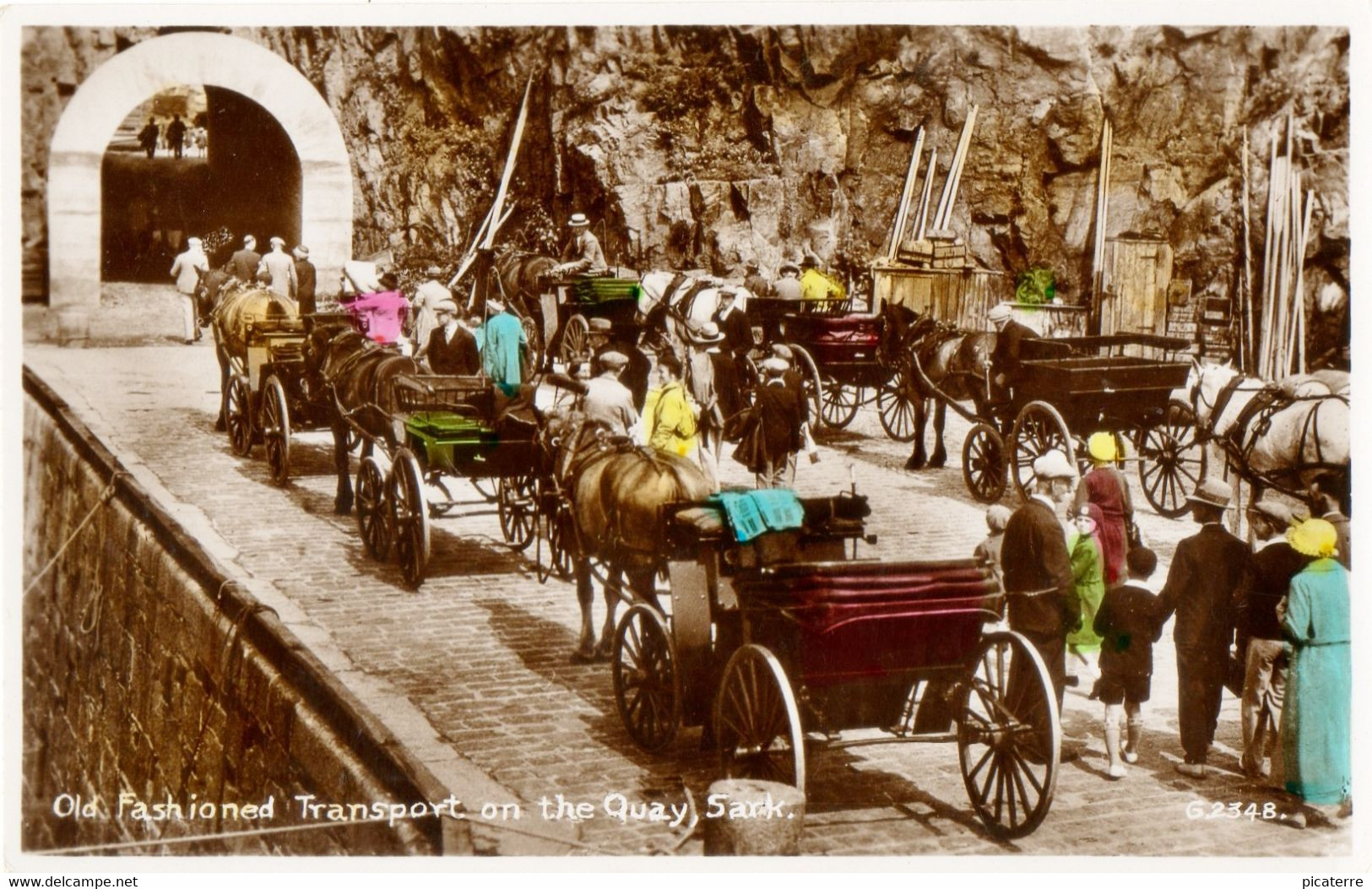 HAND COLOURED-Transport On The Quay,SARK-Horses & Carriages/Fashion Of The Time-STUNNING Card In V.G.Condition - Sark