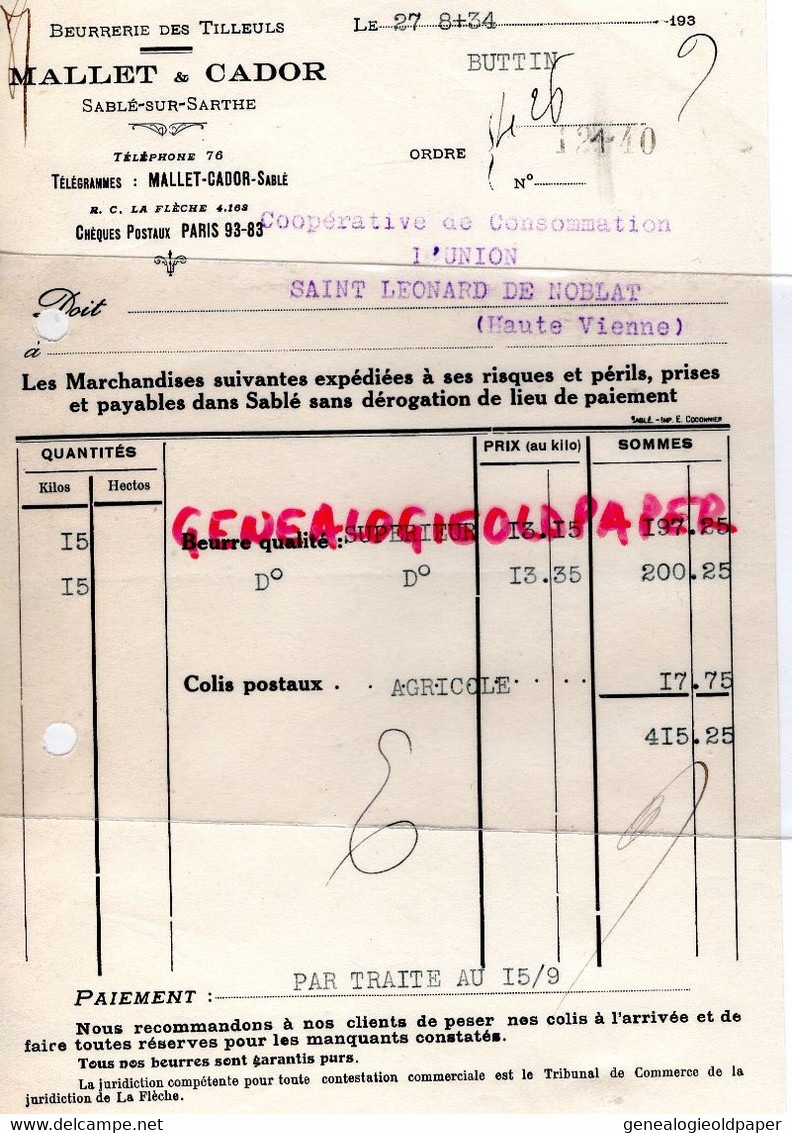 72- SABLE SUR SARTHE - FACTURE MALLET & CADOR - BEURRERIE DES TILLEULS- BEURRE - 1934 - Petits Métiers