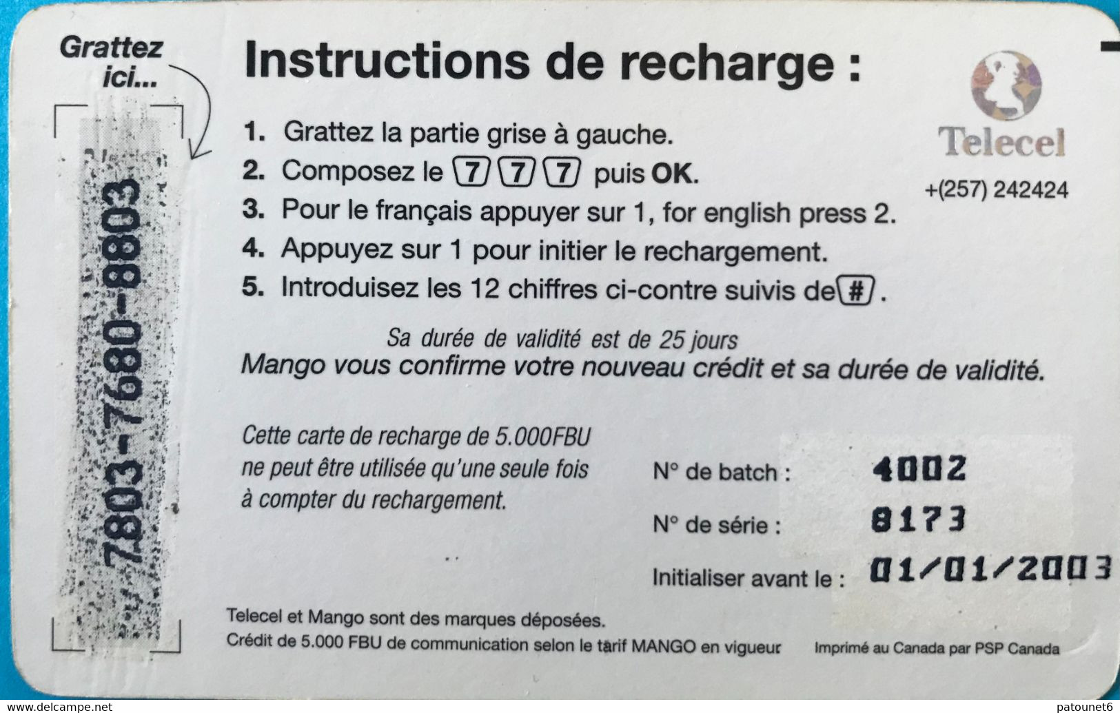 BURUNDI  -  Recharge  - Telecel - Mango - 5000 Fbu - Burundi