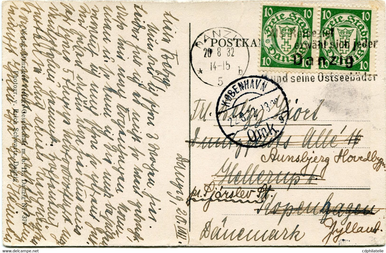 DANTZIG CARTE POSTALE -DANZIG AN DER GRUNEN BRUCKE DEPART DANZIG 20-8-32 POUR LE DANEMARK - Lettres & Documents