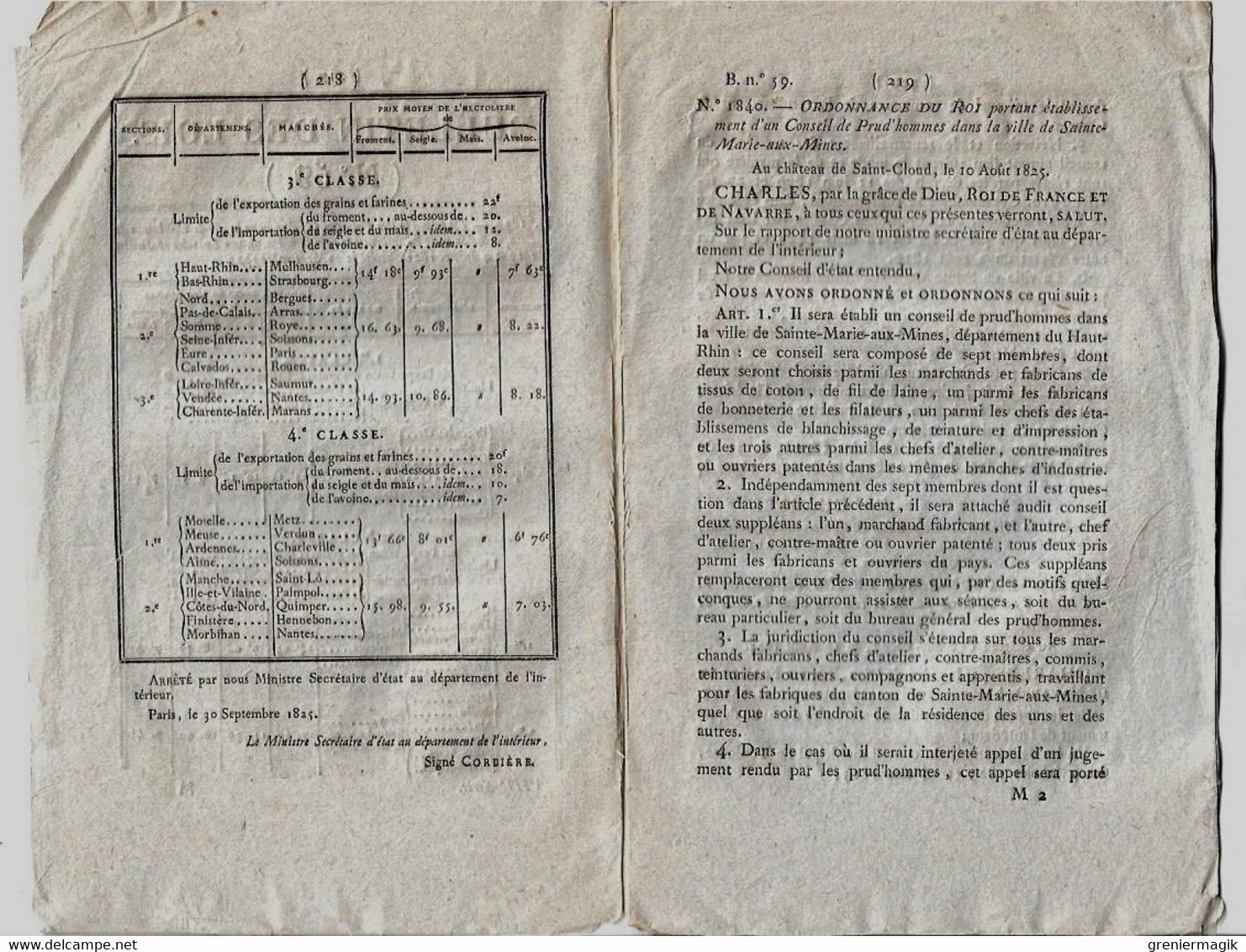 Bulletin Des Lois N°59 1825 Prud'hommes Sainte-Marie-aux-Mines/Abattoir Toulouse Belfort/Routes Départementales - Decreti & Leggi