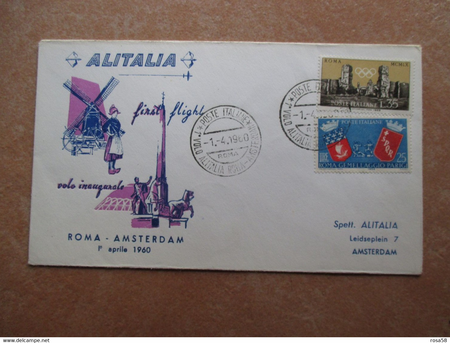 AEREI 1°volo ALITALIA Roma Amsterdam 1.4.1960 Timbro Arrivo Al Verso - 1991-00: Storia Postale