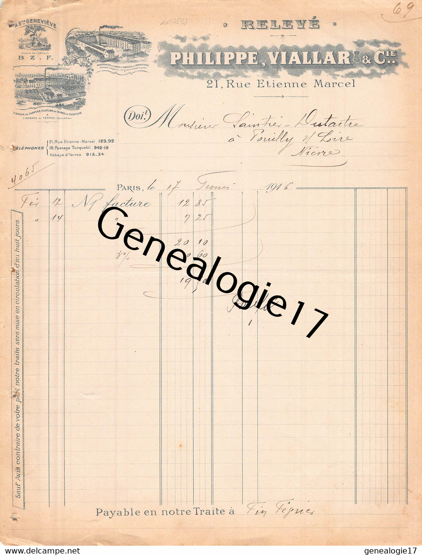 75 23299 PARIS SEINE 1916 Laines PHILIPPE Et VIALLAR Succ BLAZY FRERES Usine A Passage Turquetil Et L ABBAYE DE YERRES 9 - 1900 – 1949