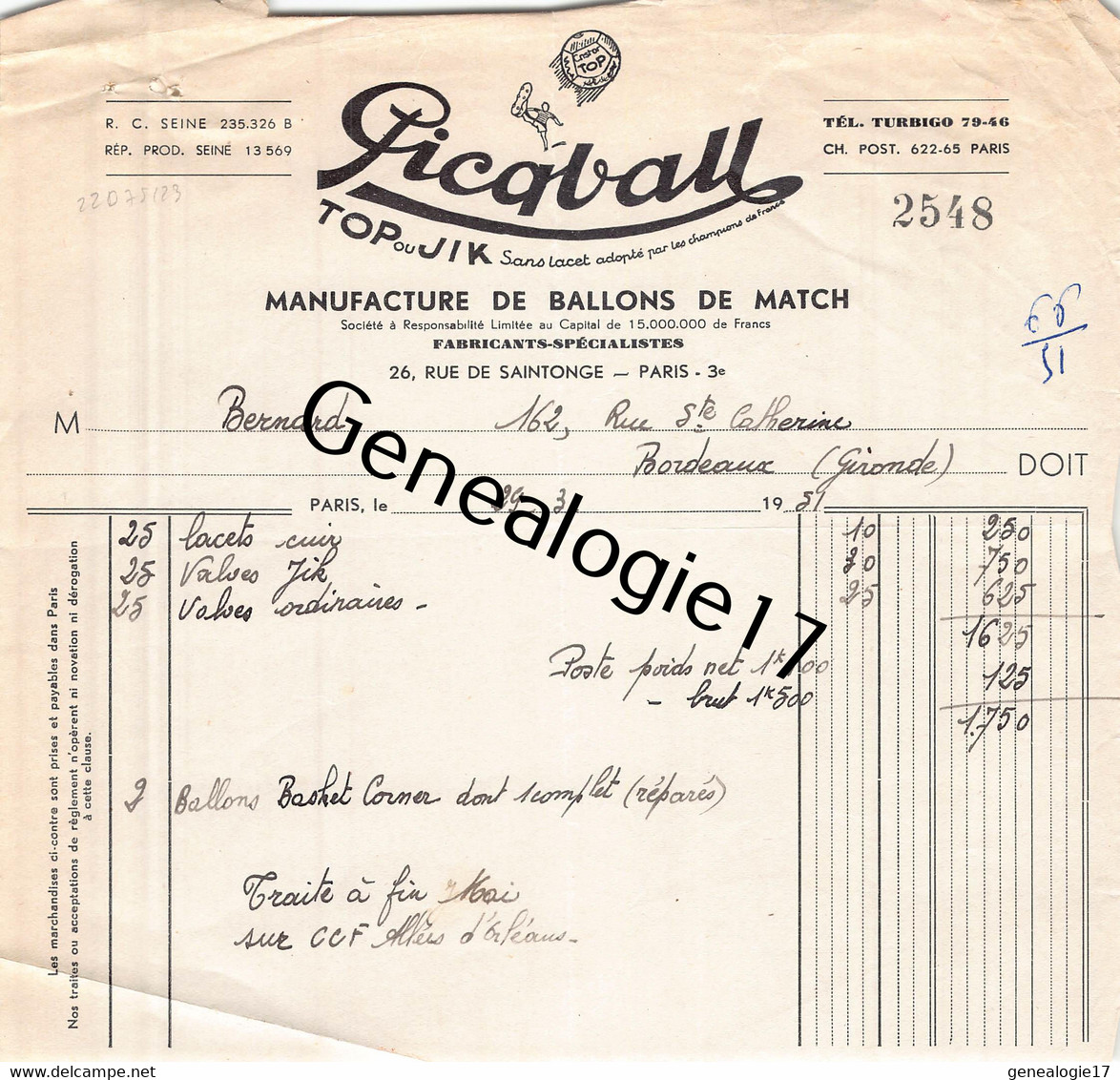 75 23311 PARIS SEINE 1951 Ballons De Match PICQBALL Marque TOP - JIK ( Picq - Letellier ) - Reparation Ballon Basket - Andere & Zonder Classificatie