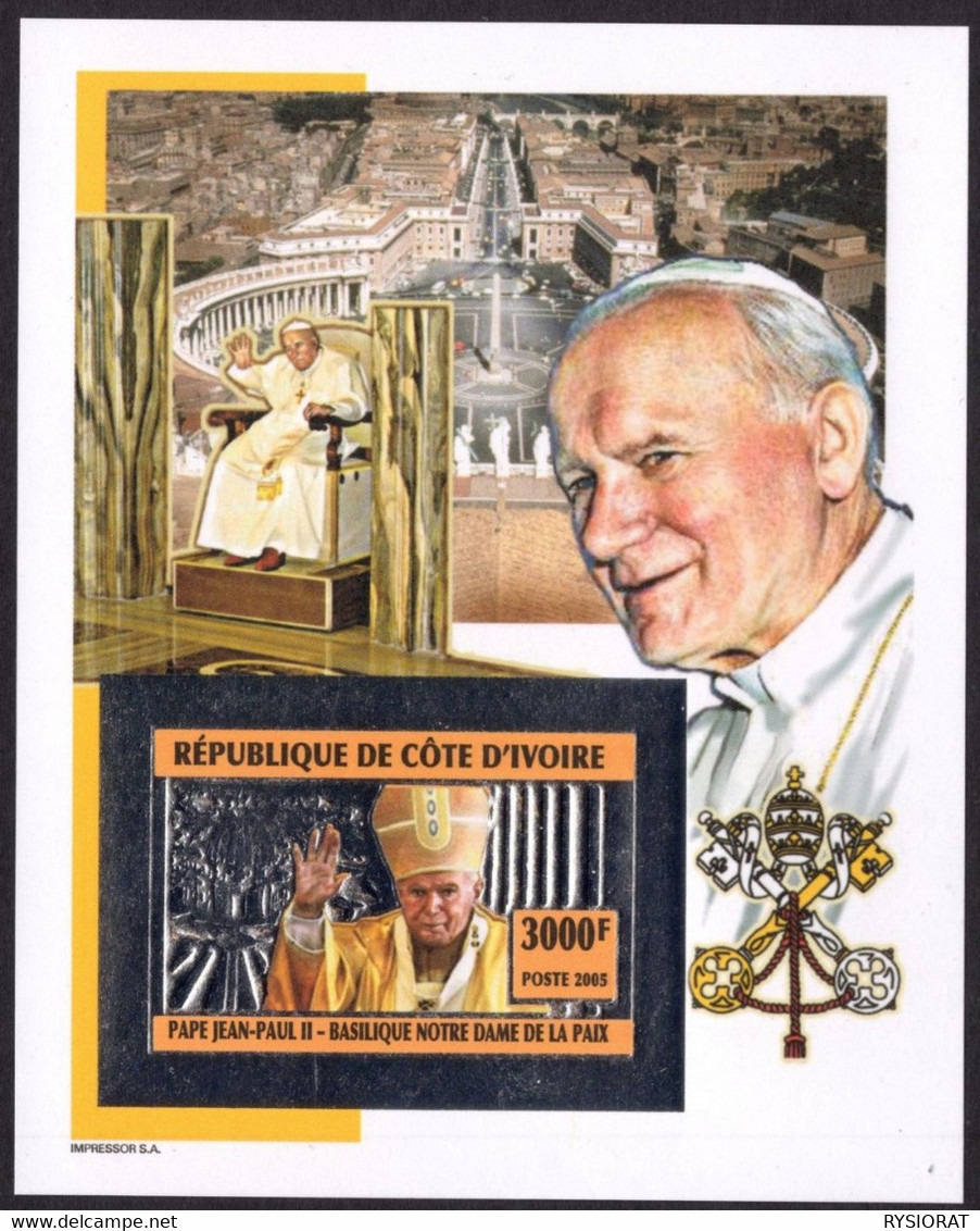 REPUBLIQUE DE COTE D'IVOIRE, IVORY COAST - SILVER IMPERFORATE BLOCK -  POPE JOHN PAUL II - MINT SOUVENIR, M - Pausen