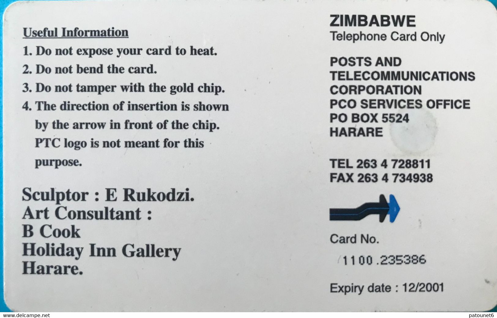 ZIMBABWE  -  Phonecard - Sculptor : E Rukodzi - $ 100 - Zimbabwe