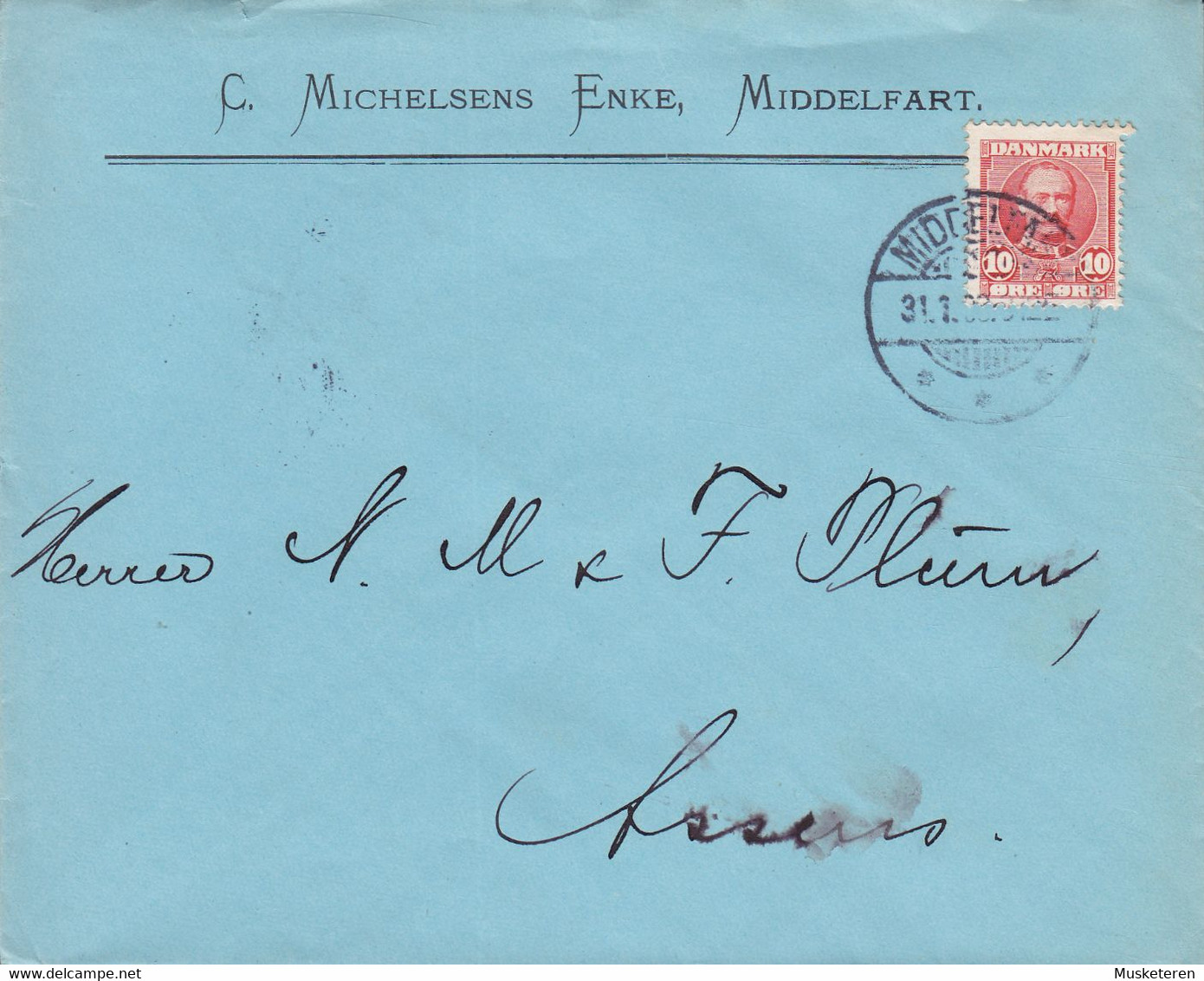 Denmark C. MICHELSENS ENKE, Brotype Ia MIDDELFART 1908 Cover Brief ASSENS Brotype Ia (Arr.) 10 Øre Fr. VIII. Stamp - Lettres & Documents