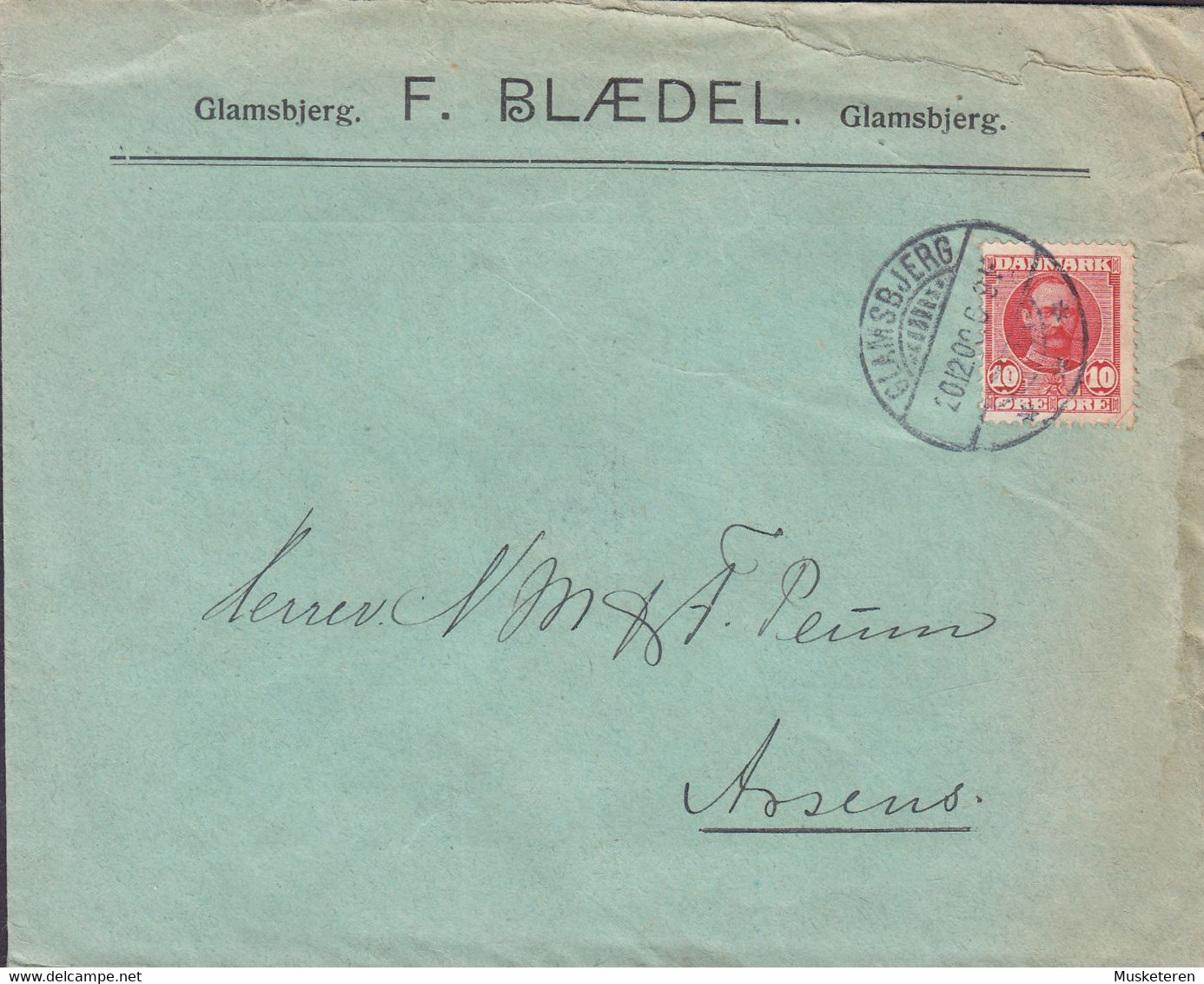 Denmark F. BLÆDEL, Brotype Ia GLAMSBJERG 1908 Cover Brief ASSENS Brotype Ia (Arr.) 10 Øre Fr. VIII. Stamp - Storia Postale