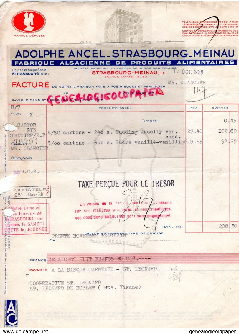 67- STRASBOURG - MEINAU- FACTURE ADOLPHE ANCEL- FABRIQUE ALSACIENNE PRODUITS ALIMENTAIRES-PUDDING ANCELLY-SUCRE-1938 - Artesanos