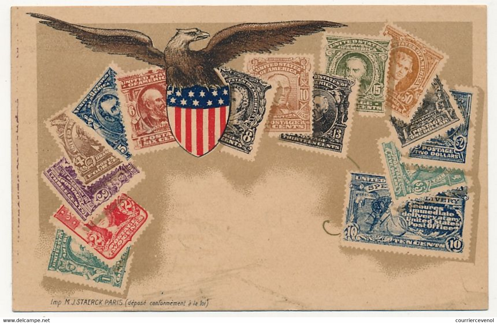 CPA - ETATS UNIS - Aigle US + Reproductions De Timbres - Timbres (représentations)