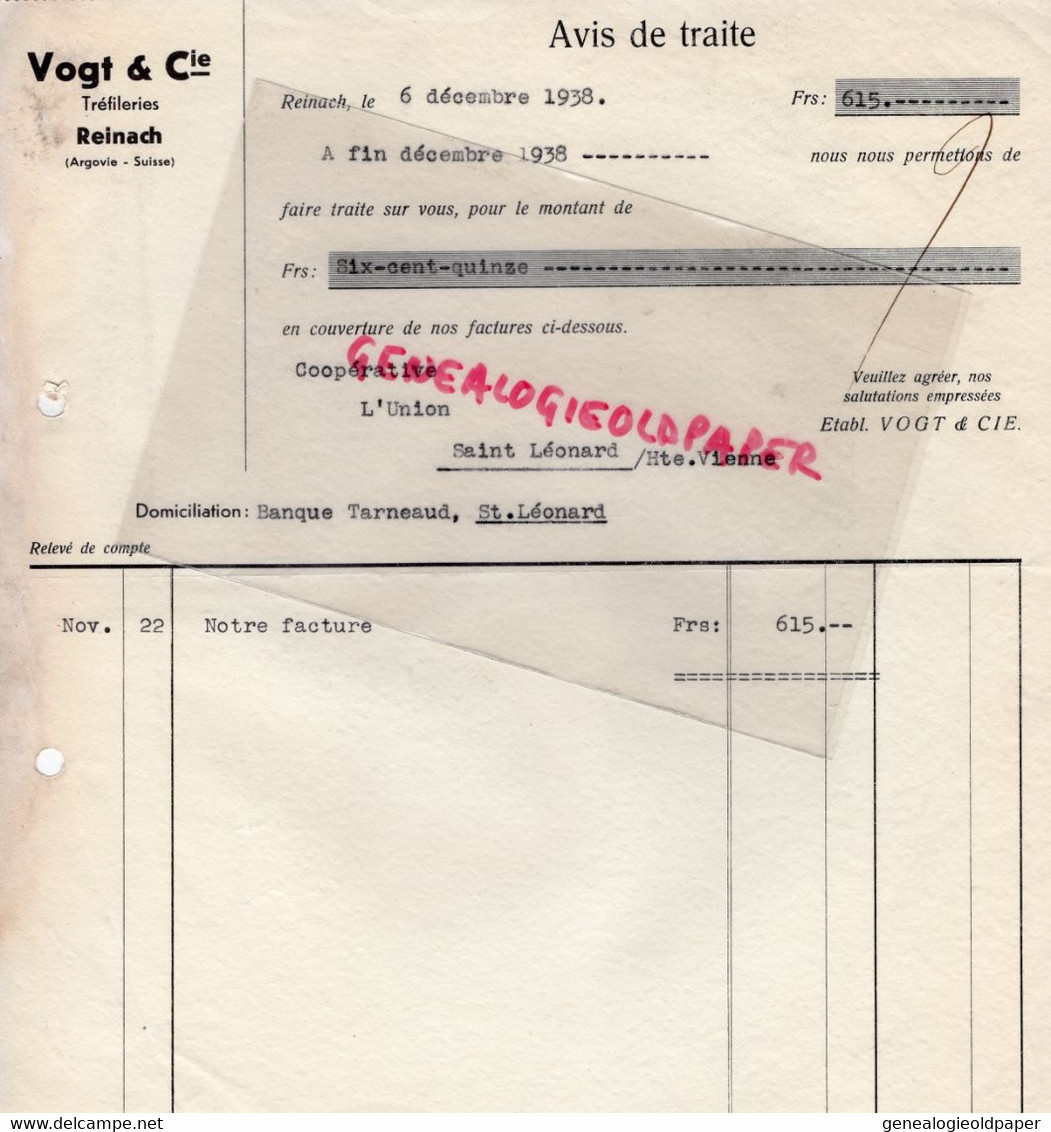 SUISSE - REINACH- FACTURE VOGT & CIE- TREFILERIES -ARGOVIE - 1938 - Zwitserland