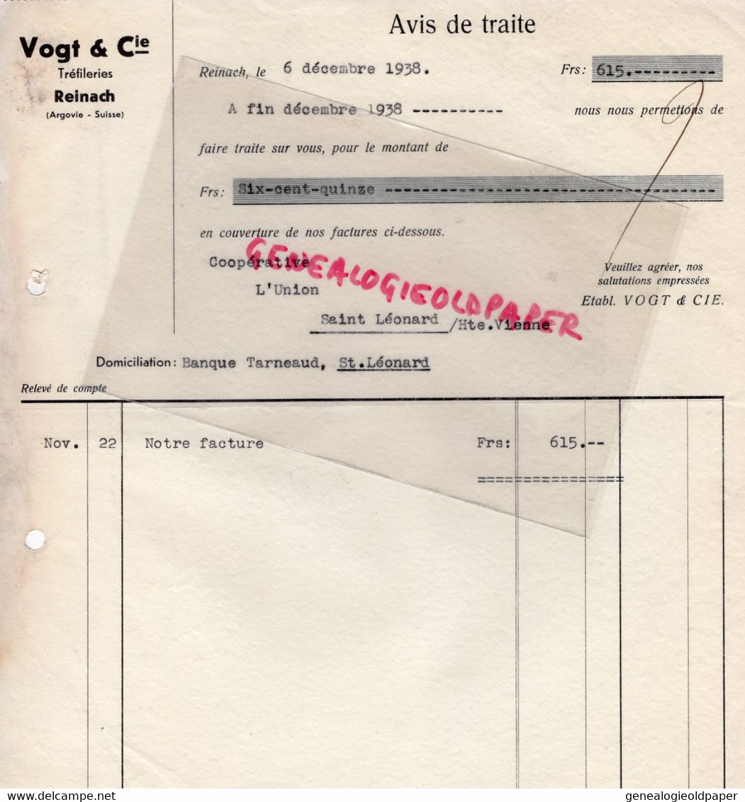 SUISSE - REINACH- FACTURE VOGT & CIE- TREFILERIES -ARGOVIE - 1938 - Svizzera