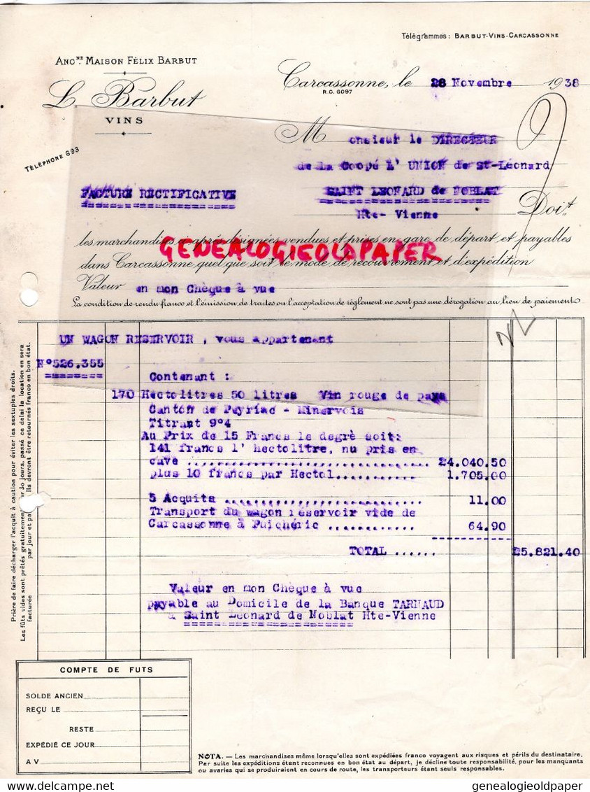 11- CARCASSONNE- FACTURE L. BARBUT- VINS -MAISON FELIX BARBUT-1938 - Artesanos