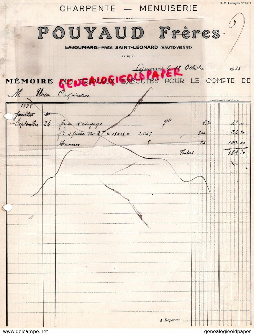 87 - SAINT LEONARD NOBLAT- ST LEONARD NOBLAT-LAJOUMARD-1938 RARE  FACTURE POUYAUD FRERES - CHARPENTE MENUISERIE - Artesanos