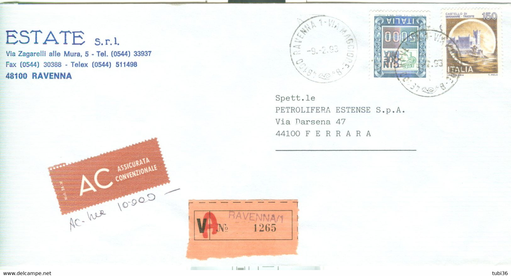 CASTELLI £.150+5000 A.V-RACCOMANDATA ASSICURATA,TAGLIANDO DI EMERGENZA,1993,ESTATE,RAVENNA-TIMBRO POSTE RAVENNA,FERRARA - 1991-00: Storia Postale