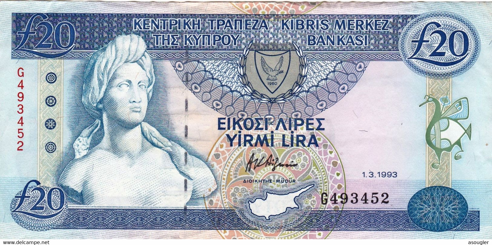 CYPRUS 20 POUNDS 1993 VF-EXF P-56b  "free Shipping Via Registered Air Mail" - Cyprus