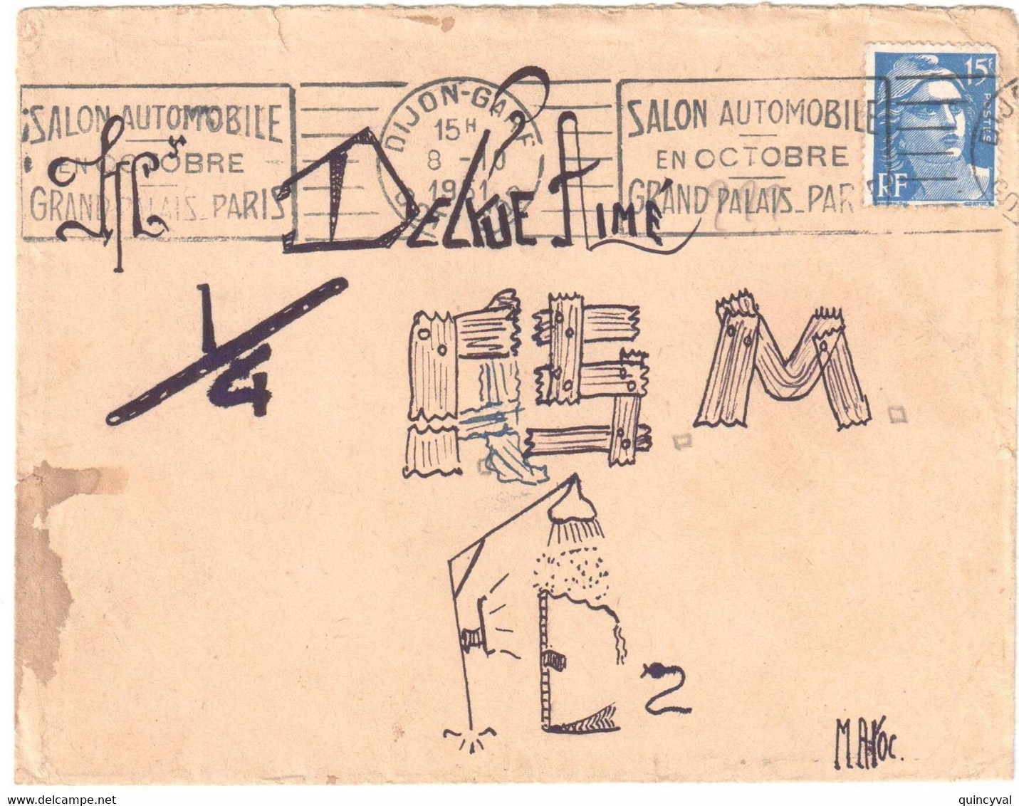 DIJON GARE Lettre 15F Gandon Yv 886 Dest FEZ Maroc Mail Art Art Postal Dessin Illustration Manuelle Ob Meca Salon Auto - Briefe U. Dokumente