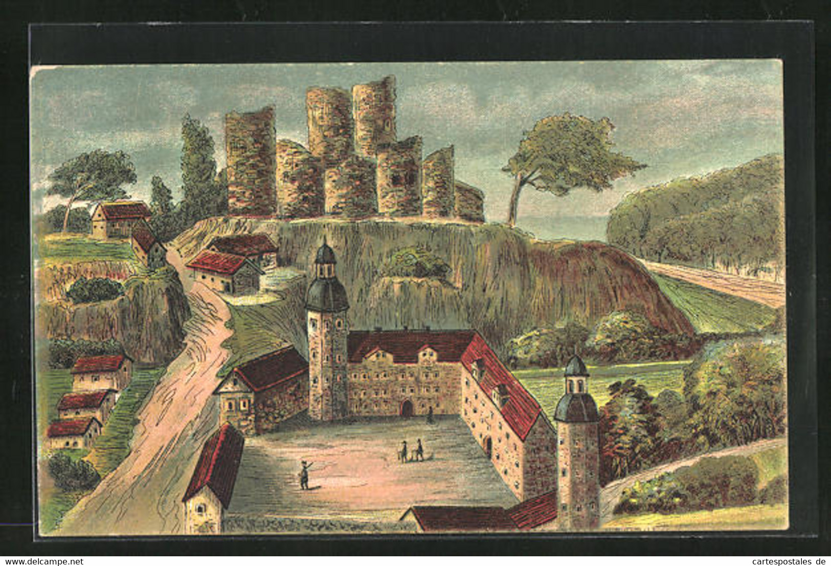 Künstler-AK Bad Lobenstein, Burgruine Mit Dem 1601 Erbauten Und 1714 Abgebrannten Neuen Schloss - Lobenstein