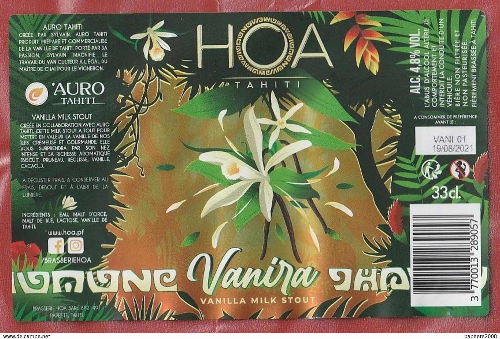 Polynésie Française / Tahiti - Etiquette De Bière HOA Tahiti / Vanille - 33 Cl -  Mars 2021 - Sup - Beer